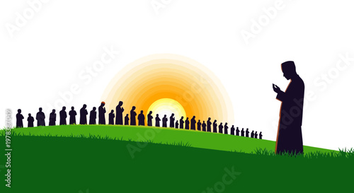 Silhouette of a lone figure reading while standing on a green hill with a crowd of people in the background at sunset in a minimalist artistic style