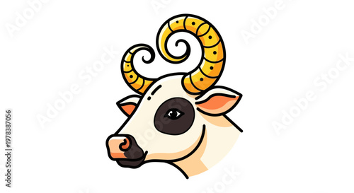 Stylized Head Of A Spotted Bull With Curled Yellow Horns Designed As A Minimalist Animal Icon For Agricultural Or Decorative Branding Applications