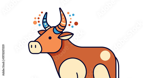 Minimalist stylized bull character design with decorative colorful horn patterns for farm agriculture branding and zodiac animal themed projects