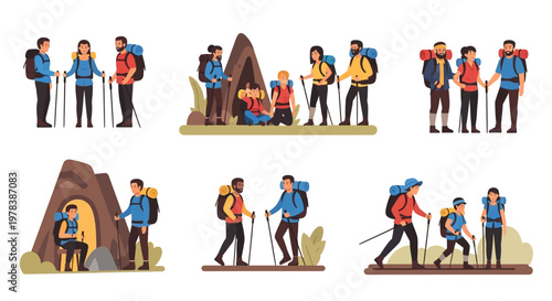 Diverse hikers trekking, camping, and resting in nature, adventure travel