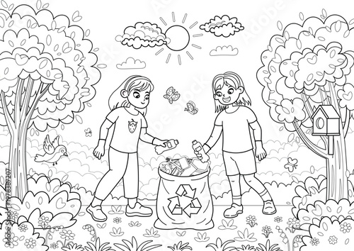 Coloring page with children collecting and sorting trash, recycling and eco activity, outline illustration