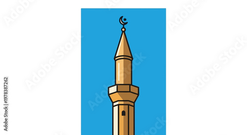 A vibrant cartoon minaret tower with a crescent moon on top against a bright blue sky, rendered in a playful and simplistic artistic style, symbolizing Islamic architecture and culture.