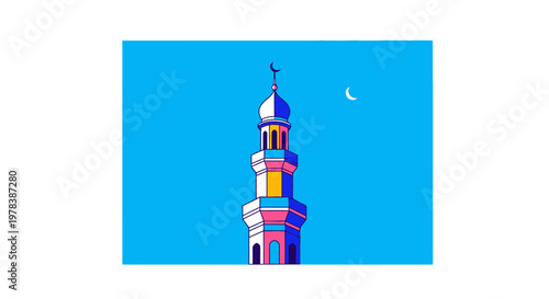 Vibrant minimalist mosque minaret tower with blue dome and crescent moon in bright blue sky, pop art style, daytime scene, religious architecture