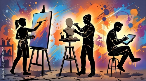 Artists at Work: Capturing the creative spirit, this scene showcases artists at their craft, painting on canvas, sculpting a bust, and sketching on a digital tablet.