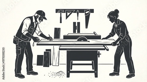 Crafting Together: A detailed illustration captures the essence of teamwork as a skilled carpenter and his colleague collaborate in a workshop, constructing something wonderful.