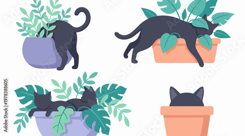 Cute Black Cats Playing and Hiding in Potted Houseplants Illustration