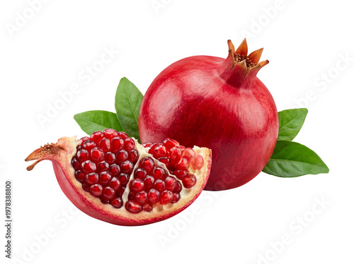 Fresh Pomegranate with Cut Open Half and Seeds Isolated on Transparent Background