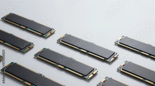 Memory modules are placed in a row on a light surface in a tech workspace