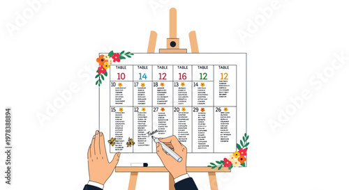 Flat design hands writing on calendar on easel with floral decorations, minimalistic style, planning and organization concept, desk calendar with colorful numbers and dates, business and edu