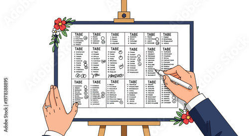 Businessman holding pen signing or pointing to wedding seating chart on easel with floral decorations, modern minimalist cartoon style, event planning context