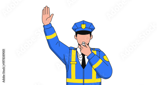 Cartoon police officer in blue uniform with yellow stripes waving and talking on a walkie-talkie in a traffic control situation on a white background in a simple vector graphic style