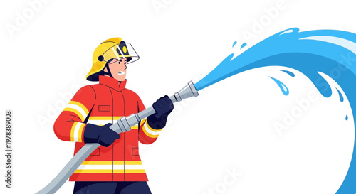 Firefighter in action, wearing red coat and yellow helmet, spraying water from hose, cartoon style, emergency response context, firefighting scene, heroic gesture.
