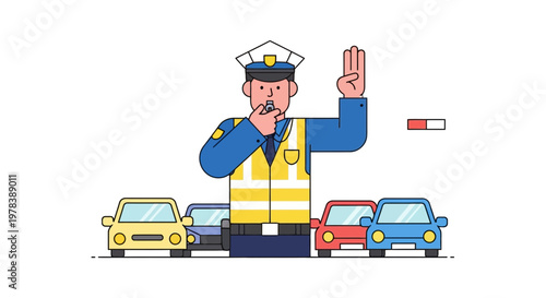 Traffic police officer in yellow vest stopping cars with hand and whistle on white background in flat cartoon style during traffic control