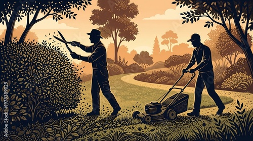Gardeners at Work: Two diligent gardeners engage in their craft amidst a well-manicured landscape, one pruning with shears, the other mowing, embodying dedication to horticultural excellence.