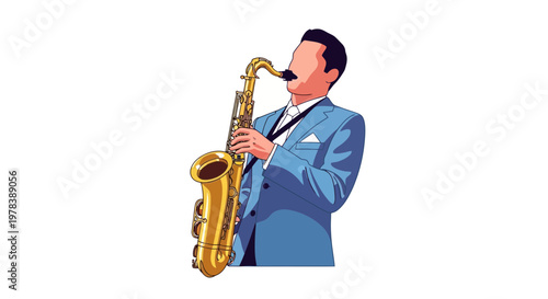 Cartoon man playing saxophone, jazz musician in blue suit, retro-style illustration of solo artist performing music, iconic instrument, entertainment concept