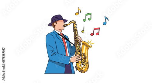Cartoon jazz musician playing saxophone with music notes, vibrant colorful illustration of man in blue suit and hat, lively musical performance, fun and creative artistic style, white backgr