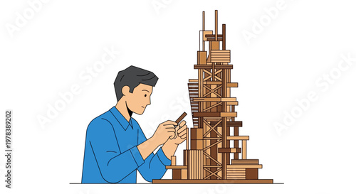 Architect building a miniature skyscraper model with wooden blocks as a conceptual design process for professional urban planning and development