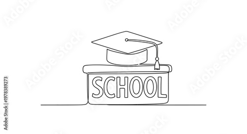 Graduation Cap on School Building Icon, Education Concept, Minimalist Line Art