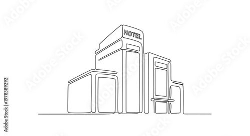 Modern Hotel Building Exterior Line Art Drawing, Minimalist Architecture Design