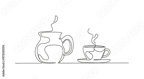 Minimalist Line Art: Steaming Coffee Pot and Cup on White Background