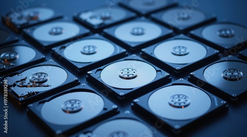 Hard drives arranged in a grid pattern on a dark surface in a technology setting