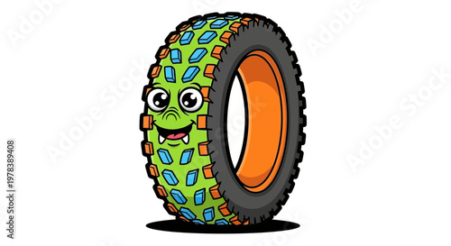 Charming cartoon tire character with a friendly face and vibrant green and blue tread, perfect for playful automotive or adventure themes