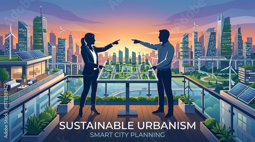 Sustainable Urbanism Visionaries: Silhouetted figures stand on a rooftop overlooking a meticulously designed cityscape, envisioning and pointing to a model of a smart city.
