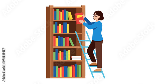 Woman Standing On A Ladder To Reach Bookshelves In A Library To Find Academic Literature For Research And Studying Purposes In A Quiet Setting