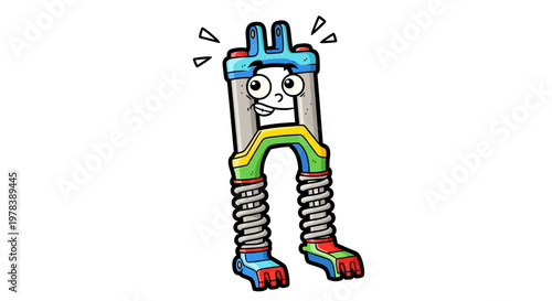 A whimsical cartoon letter 'A' character with colorful spring legs, representing learning and creativity