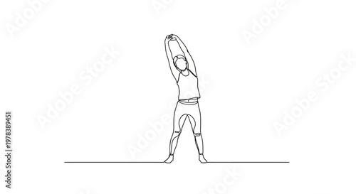 Continuous line drawing of a person stretching arms overhead, yoga pose, healthy lifestyle