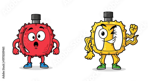 Cute cartoon bottle cap characters with surprised and winking expressions, perfect for playful branding and designs