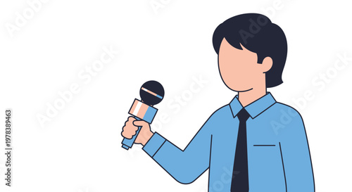 A male reporter holding a handheld microphone for a news interview or professional broadcast presentation concept on a clean isolated white