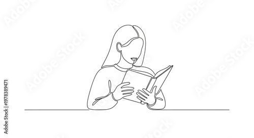 Continuous line drawing of a young woman reading a book, minimalist illustration