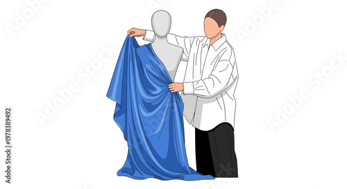 Professional fashion designer draping blue textile fabric over a mannequin model to create a new garment in a modern clothing atelier workshop
