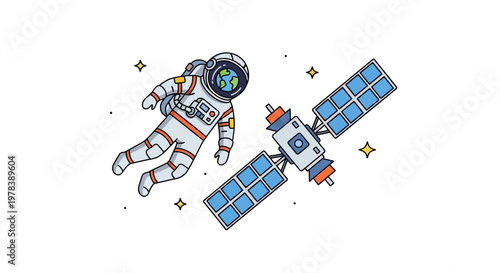 Astronaut floating in outer space near a communication satellite orbiting the earth in the dark sky with scattered bright stars and galaxy light