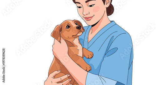 Young Veterinary Assistant Holding A Cute Small Brown Puppy In Her Arms To Provide Medical Care And Examination Within A Professional Clinic Setting