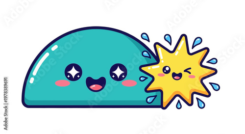 Cute cartoon characters showcasing a joyful interaction with a playful splash, depicting friendship and happiness in a vibrant graphic illustration ideal for children's content or positive design