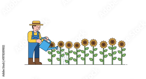 A male gardener wearing a straw hat and overalls uses a blue watering can to nurture a line of blooming sunflowers in a sunny outdoor garden space