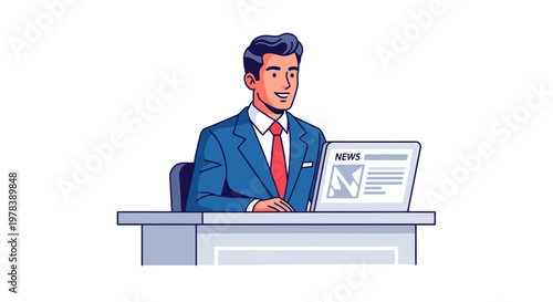 Professional Male News Anchor Sitting Behind Desk Presenting Daily Reports In Business Suit With Laptop Showing Current Information And News Feed