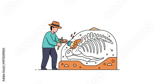 Professional Paleontologist Carefully Cleaning Ancient Dinosaur Fossil Remains Excavated From Ground Site for Scientific Research and Discovery