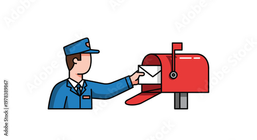 A uniform dressed postal service courier delivering a paper envelope into a bright red standing mailbox for professional mail distribution services