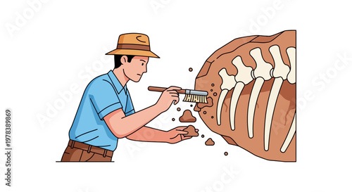 A dedicated paleontologist carefully excavating a fossilized dinosaur skeleton from rock layers during a scientific research expedition in the desert