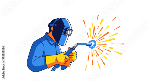 Industrial Welder Wearing Protective Helmet Working On Metal Construction Project With Sparks Flying From Equipment In Professional Factory Workshop