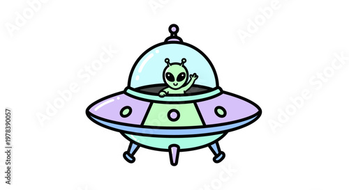 Cute cartoon alien in a flying saucer waving hello, whimsical illustration for space exploration and science fiction themes