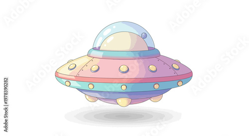 Whimsical pink and blue flying saucer with a transparent dome, hovering in the air with soft shadows