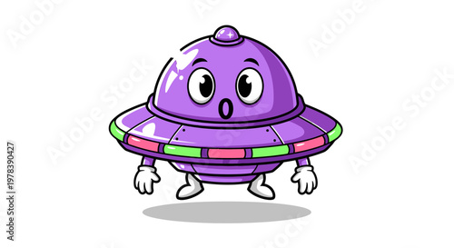 Surprised Cartoon Alien UFO Character With Big Eyes, Mouth Open, And Arms Outstretched