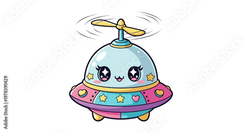 Cute kawaii flying saucer with propeller and colorful body, digital art illustration