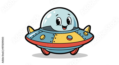Adorable Cartoon UFO Spaceship Illustration with Friendly Face and Blue and Red Details