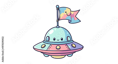 Cute pastel UFO spaceship with a colorful flag on top, an adorable alien flying saucer for kids