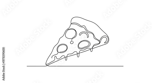 Minimalist single line drawing of a delicious slice of pepperoni pizza with melted cheese.